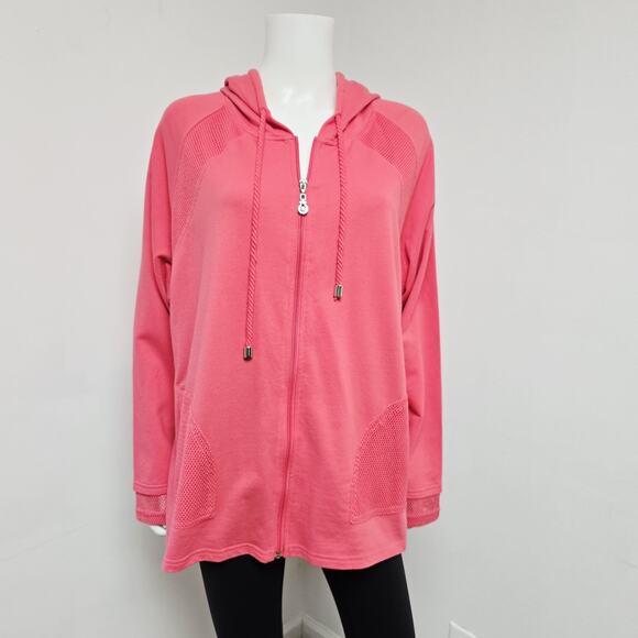 Kim Rogers Hoodie Sweatshirt Cardigan Size 2X Pink Mesh Insets Pockets Full Zip - Picture 1 of 10